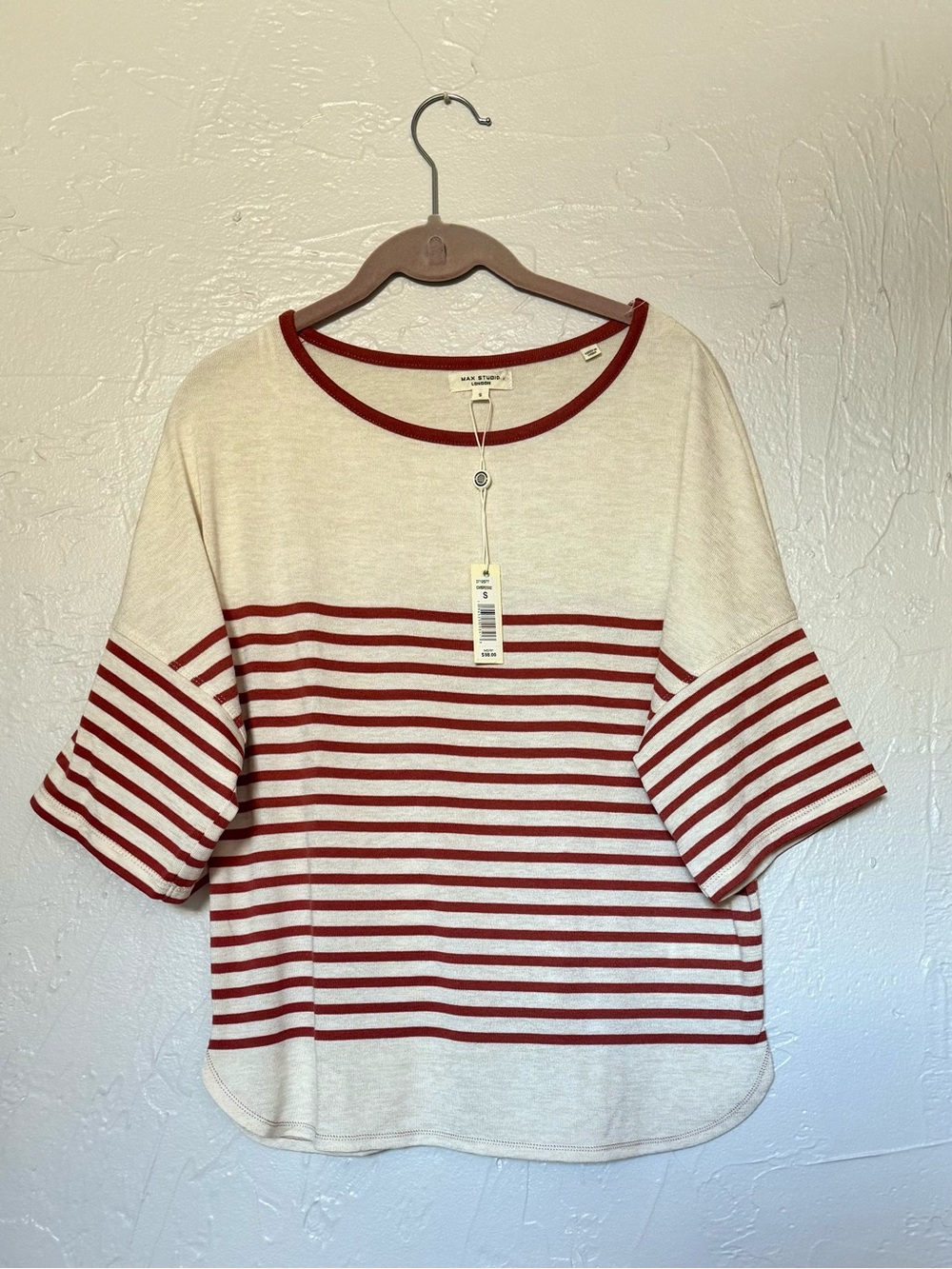Max Studio Cream and Red Striped Boxy Tee Shirt